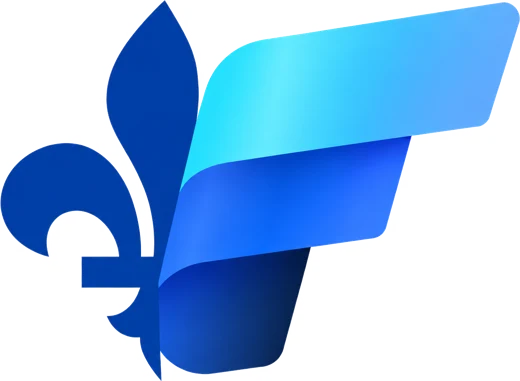 Emblème du Club Fabric et IA Québec : une demi-fleur de lys bleue jointe à un F formé de rubans bleus et cyan